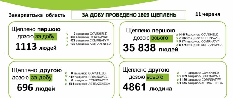 Вакцинація на Закарпатті: за добу вакцинували понад 1 800 людей