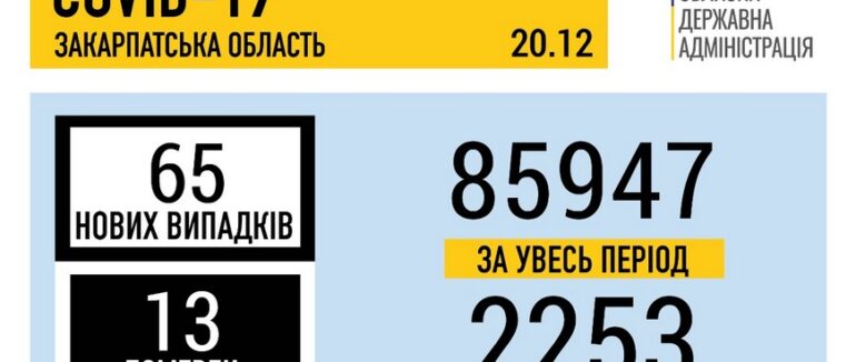 За добу на Закарпатті підтвердили 65 випадків COVID-19