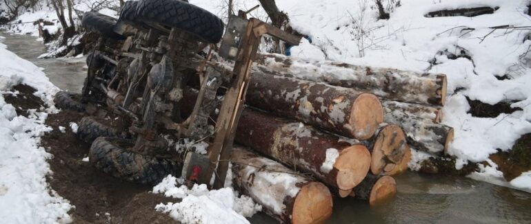 Втеча від рейдової бригади: на Рахівщині вантажівка з деревиною перекинулася у потічок