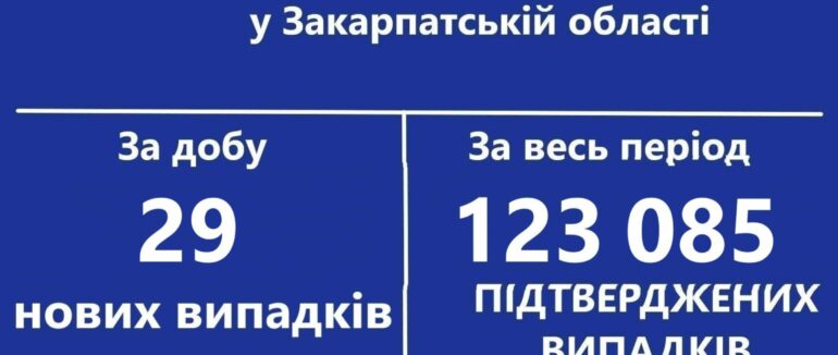 На Закарпатті за добу зареєстровано 29 нових випадків COVID-19