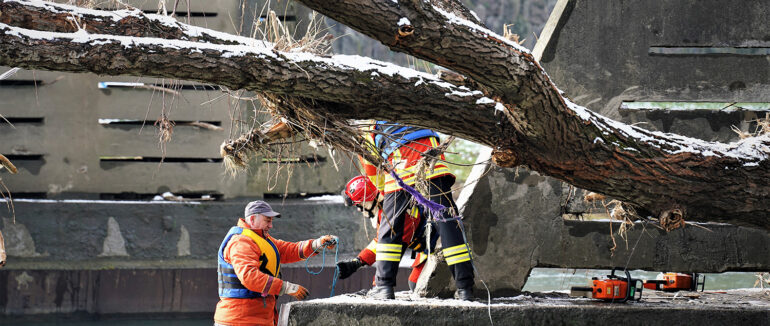 Сьогодні в Ужгороді розчищали опори пішохідного мосту від сміття