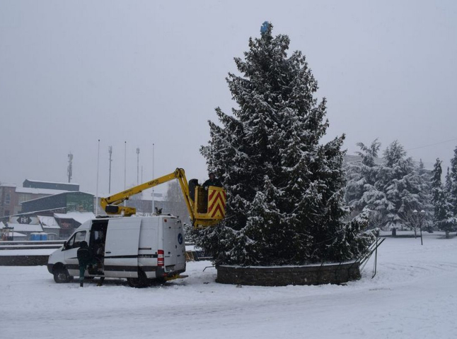 У Хусті встановили головну ялинку міста та почали її прикрашати