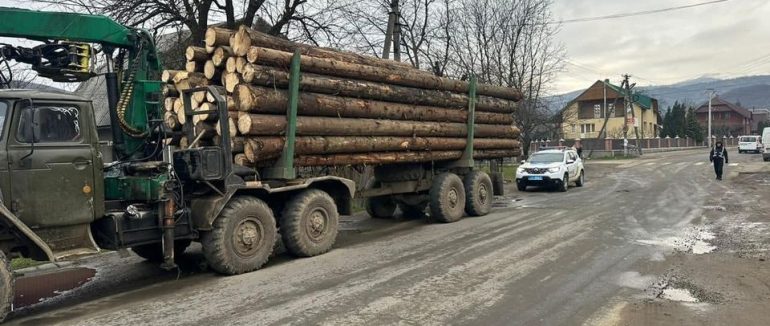 Дві вантажівки з “лісом”: на Тячівщині поліція затримала порушників (ФОТО)